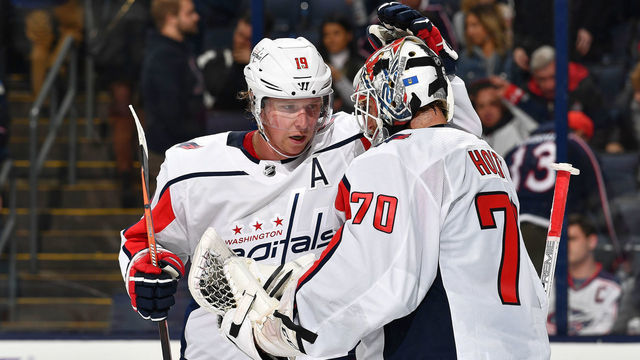 COLUMBUS, OH - FEBRUARY 6: Nicklas Backstrom #19 of the Washington Capitals congratulates goaltender Braden Holtby #70 of the Washington Capitals after defeating the Columbus Blue Jackets on February 6, 2018 at Nationwide Arena in Columbus, Ohio.