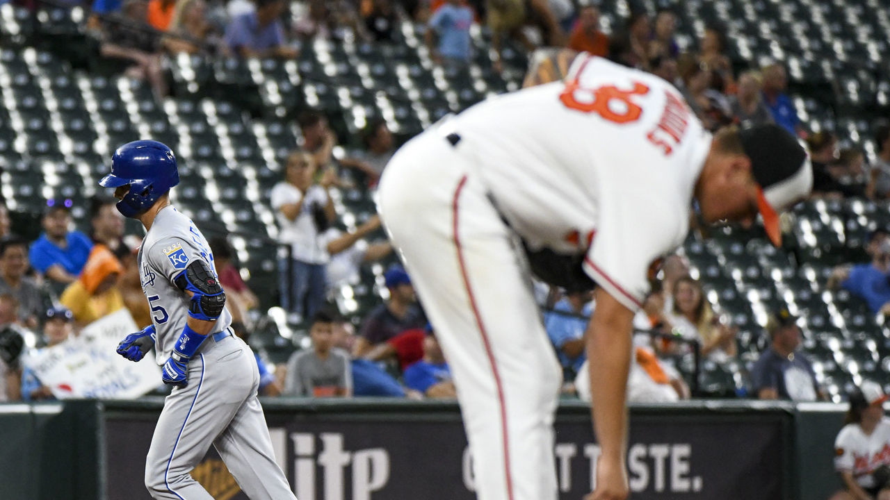 BALTIMORE, MD - AUGUST 21: Kansas City Royals second baseman Whit Merrifield (15) circles the bases after his third inning solo home run against Baltimore Orioles starting pitcher Aaron Brooks (38) on August 21, 2019, at Orioles Park at Camden Yards in Baltimore, MD.
