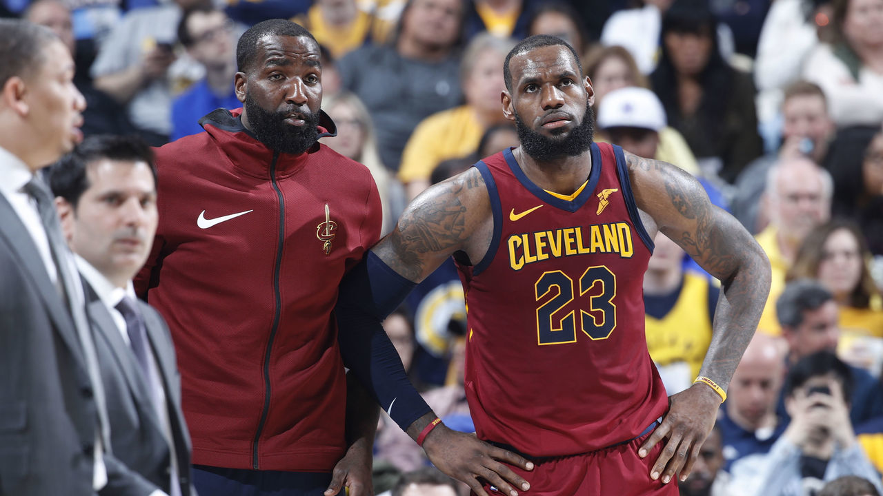 INDIANAPOLIS, IN - APRIL 22: LeBron James #23 and Kendrick Perkins #21 of the Cleveland Cavaliers look on during game four of the NBA Playoffs against the Indiana Pacers at Bankers Life Fieldhouse on April 22, 2018 in Indianapolis, Indiana. The Cavaliers won 104-100. NOTE TO USER: User expressly acknowledges and agrees that, by downloading and or using the photograph, User is consenting to the terms and conditions of the Getty Images License Agreement. *** Local Caption *** LeBron James;Kendrick Perkins