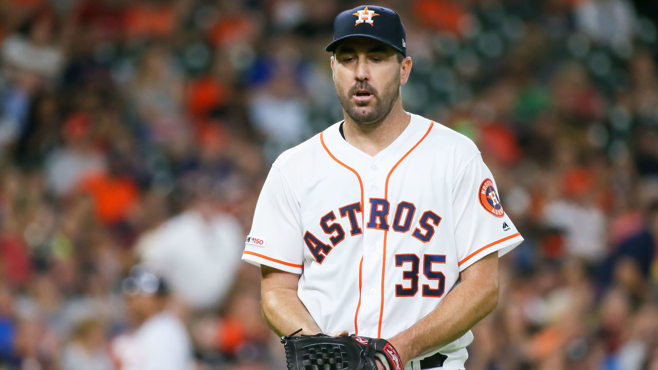 HOUSTON, TX - AUGUST 21: Houston Astros starting pitcher Justin Verlander (35) returns to the dugout during the baseball game between the Detroit Tigers and Houston Astros on August 21, 2019 at Minute Maid Park in Houston, Texas.