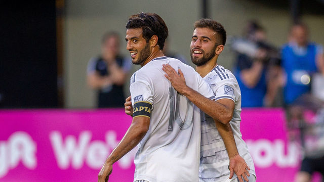 PORTLAND, OR - JUNE 01: LAFC forwards Diego Rossi and Carlos Vela celebrate a goal anyways, even as Rossi's goal had been dissalowed by referee Robert Sibiga, during the Los Angeles FC game against the Portland Timbers on June 01, 2019, at Providence Park in Portland, OR. .