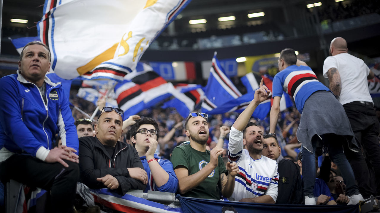 ALLIANZ STADIUM, TURIN, ITALY - 2018/04/15: Fans of UC Sampdoria show their support during the Serie A football match between Juventus FC and UC Sampdoria. Juventus FC won 3-0 over UC Sampdoria.