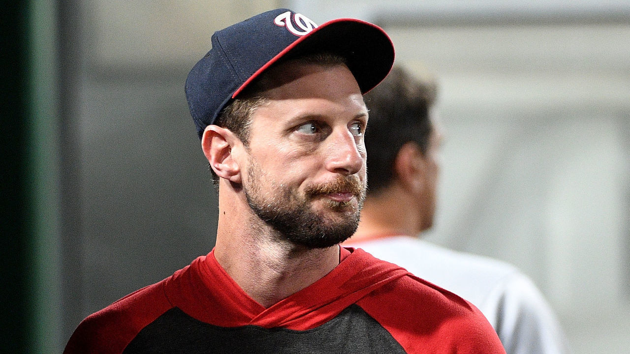 PITTSBURGH, PA - AUGUST 20: Max Scherzer #31 of the Washington Nationals looks on from the dugout in the seventh inning during the game against the Pittsburgh Pirates at PNC Park on August 20, 2019 in Pittsburgh, Pennsylvania.
