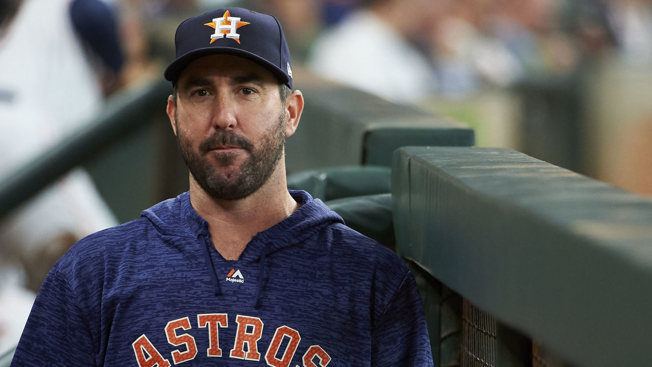 HOUSTON, TX - AUGUST 29: Justin Verlander #35 of the Houston Astros looks on from the dugout against the Oakland Athletics during a baseball game at Minute Maid Park on Wednesday, August 29, 2018 in Houston, Texas.