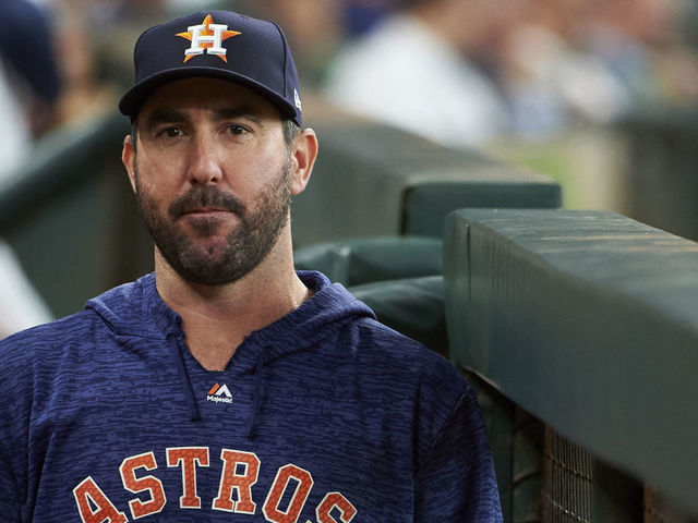 HOUSTON, TX - AUGUST 29: Justin Verlander #35 of the Houston Astros looks on from the dugout against the Oakland Athletics during a baseball game at Minute Maid Park on Wednesday, August 29, 2018 in Houston, Texas.