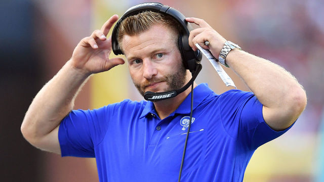 HONOLULU, HAWAII - AUGUST 17: Head coach Sean McVay of the Los Angeles Rams is not happy with the referees call during the second half of the preseason game against the Dallas Cowboys at Aloha Stadium on August 17, 2019 in Honolulu, Hawaii.