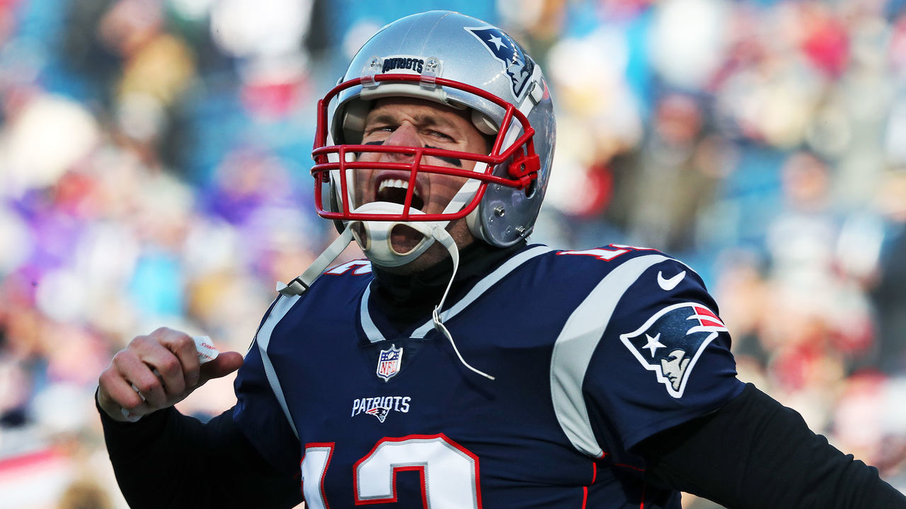FOXBOROUGH, MA - JANUARY 13: New England Patriots quarterback Tom Brady gives his pre-game scream to the fans in the south end zone after he took the field for pre-game warmups. The New England Patriots host the Los Angeles Chargers in an NFL AFC Divisional Playoff game at Gillette Stadium in Foxborough, MA on Jan. 13, 2019.