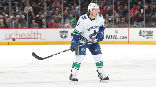 DENVER, CO - FEBRUARY 27: Brock Boeser #6 of the Vancouver Canucks skates against the Colorado Avalanche at the Pepsi Center on February 27, 2019 in Denver, Colorado. The Avalanche defeated the Canucks 3-2 in a shootout. "n