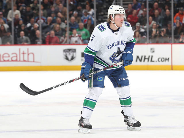 DENVER, CO - FEBRUARY 27: Brock Boeser #6 of the Vancouver Canucks skates against the Colorado Avalanche at the Pepsi Center on February 27, 2019 in Denver, Colorado. The Avalanche defeated the Canucks 3-2 in a shootout. "n