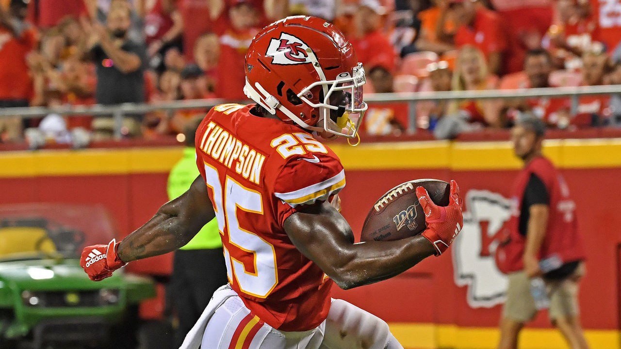 KANSAS CITY, MO - AUGUST 10: Darwin Thompson #25 of the Kansas City Chiefs rushes in for a touchdown during the third quarter against the Cincinnati Bengals at Arrowhead Stadium on August 10, 2019 in Kansas City, Missouri.
