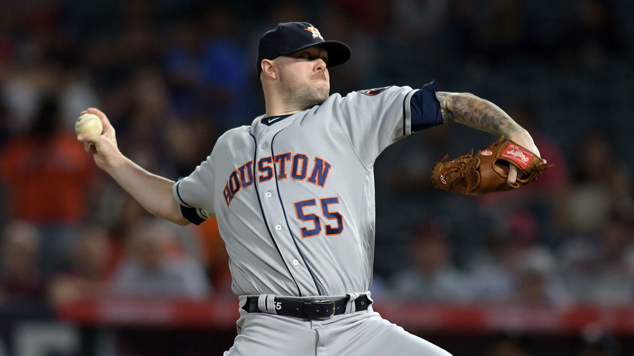 ANAHEIM, CA - JULY 17: Houston Astros pitcher Ryan Pressly (55) in action during the ninth inning of a game against the Los Angeles Angels played on July 17, 2018 at Angel Stadium of Anaheim in Anaheim, CA.