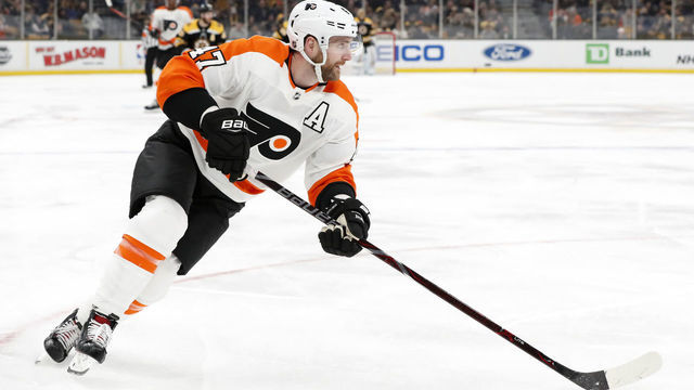 BOSTON, MA - JANUARY 31: Philadelphia Flyers defenseman Andrew MacDonald (47) looks to the opposite side for help during a game between the Boston Bruins and the Philadelphia Flyers on January 31, 2019, at TD Garden in Boston, Massachusetts.
