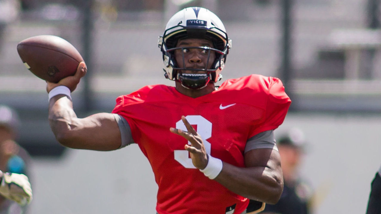 ORLANDO, FL - APRIL 13: UCF quarterback Brandon Wimbush (3) attempts a pass in the UCF Football Spring Game on April 13, 2019, at Spectrum Stadium in Orlando, Florida.