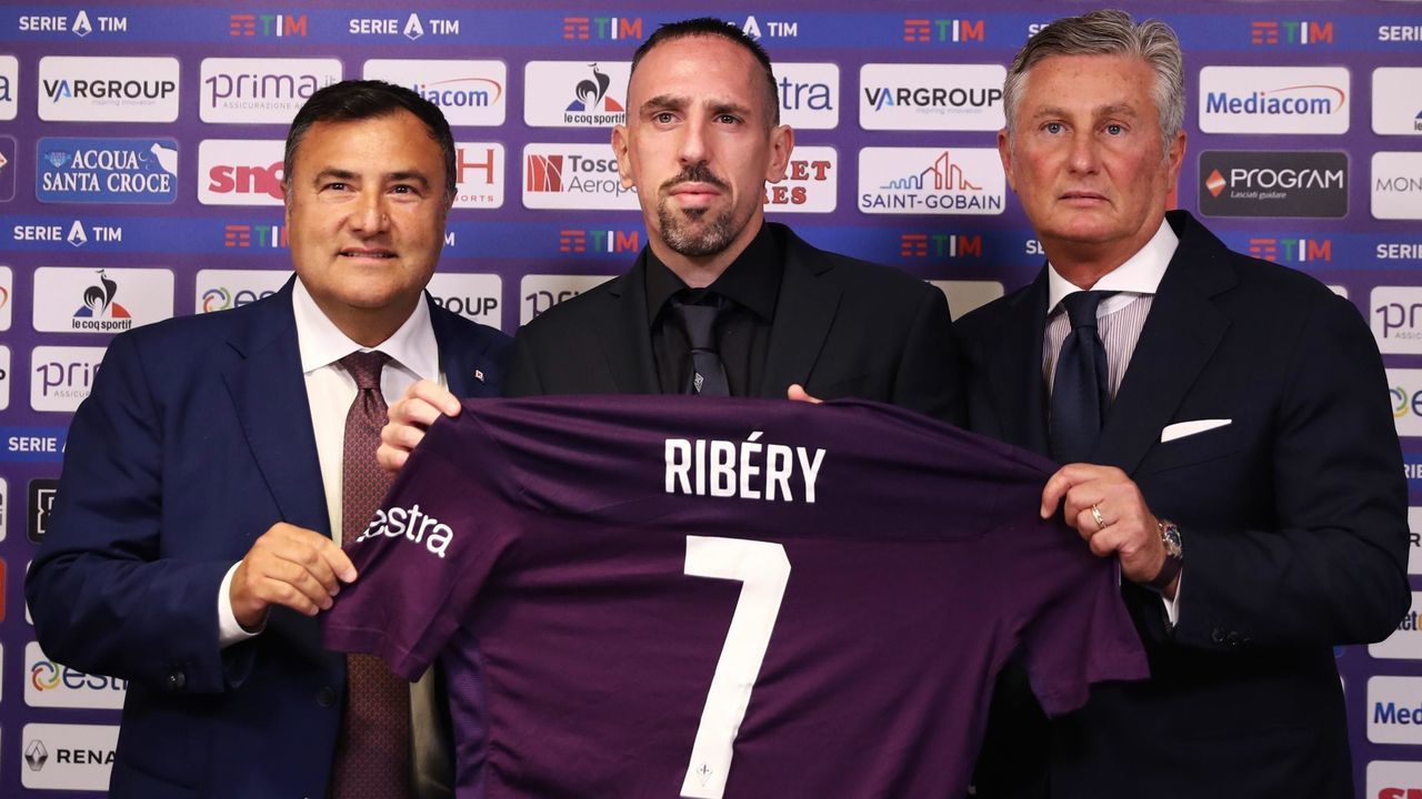 Joe Barone, Franck Ribery and the Sport Director Daniele Prade during the official presentation as new player of AC Fiorentina at the Artemio Franchi Stadium in Florence, Italy on August 22, 2019