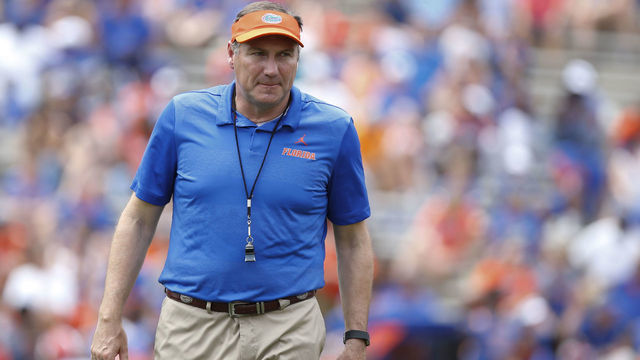 GAINESVILLE, FL - APRIL 13: Florida Gators head coach Dan Mullen looks on during the Orange & Blue Game presented by Sunniland on April 13, 2019 at Ben Hill Griffin Stadium at Florida Field in Gainesville, Fl.