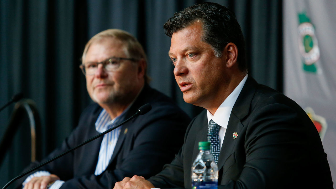 ST. PAUL, MN - AUGUST 22: Craig Leipold, owner of the Minnesota Wild, listens as Bill Guerin answers questions from the media as the new general manager for the team at a press conference at Xcel Energy Center on August 22, 2019 in St. Paul, Minnesota.