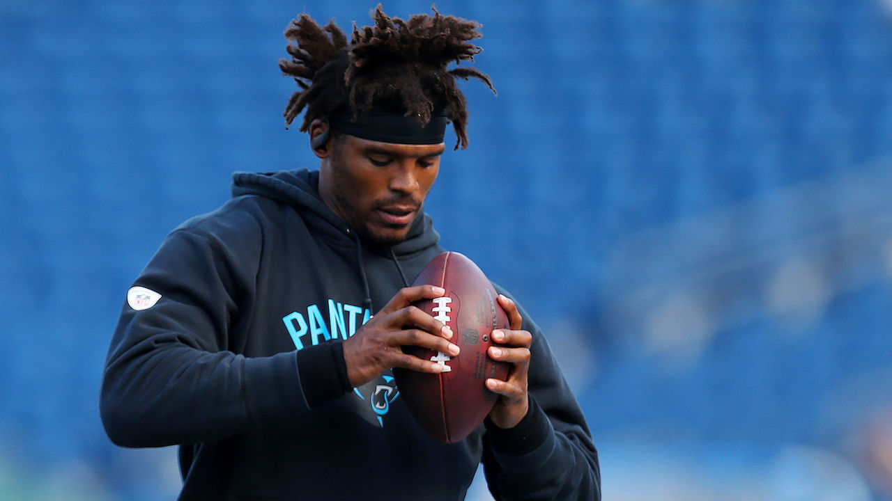 FOXBOROUGH, MASSACHUSETTS - AUGUST 22: Cam Newton #1 of the Carolina Panthers warms up before the preseason game between the Carolina Panthers and the New England Patriots at Gillette Stadium on August 22, 2019 in Foxborough, Massachusetts.
