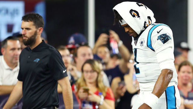 FOXBOROUGH, MASSACHUSETTS - AUGUST 22: Cam Newton #1 of the Carolina Panthers exits the field during the preseason game between the Carolina Panthers and the New England Patriots at Gillette Stadium on August 22, 2019 in Foxborough, Massachusetts.
