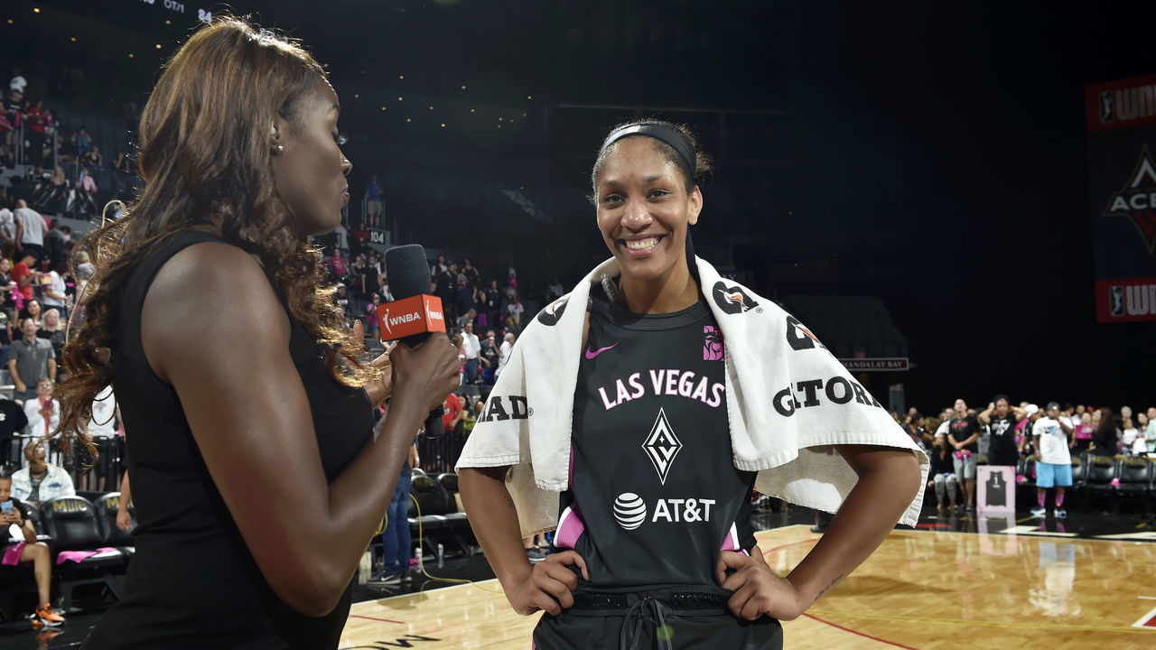 LAS VEGAS, NV - AUGUST 20: A'ja Wilson #22 of the Las Vegas Aces speaks with the media after the game against the Phoenix Mercury on August 20, 2019 at the Mandalay Bay Events Center in Las Vegas, Nevada. Mandatory Copyright Notice: Copyright 2019 NBAE