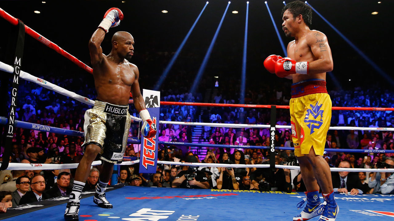 LAS VEGAS, NV - MAY 02: Floyd Mayweather Jr. reacts in the twelfth round during the welterweight unification championship bout on May 2, 2015 at MGM Grand Garden Arena in Las Vegas, Nevada.