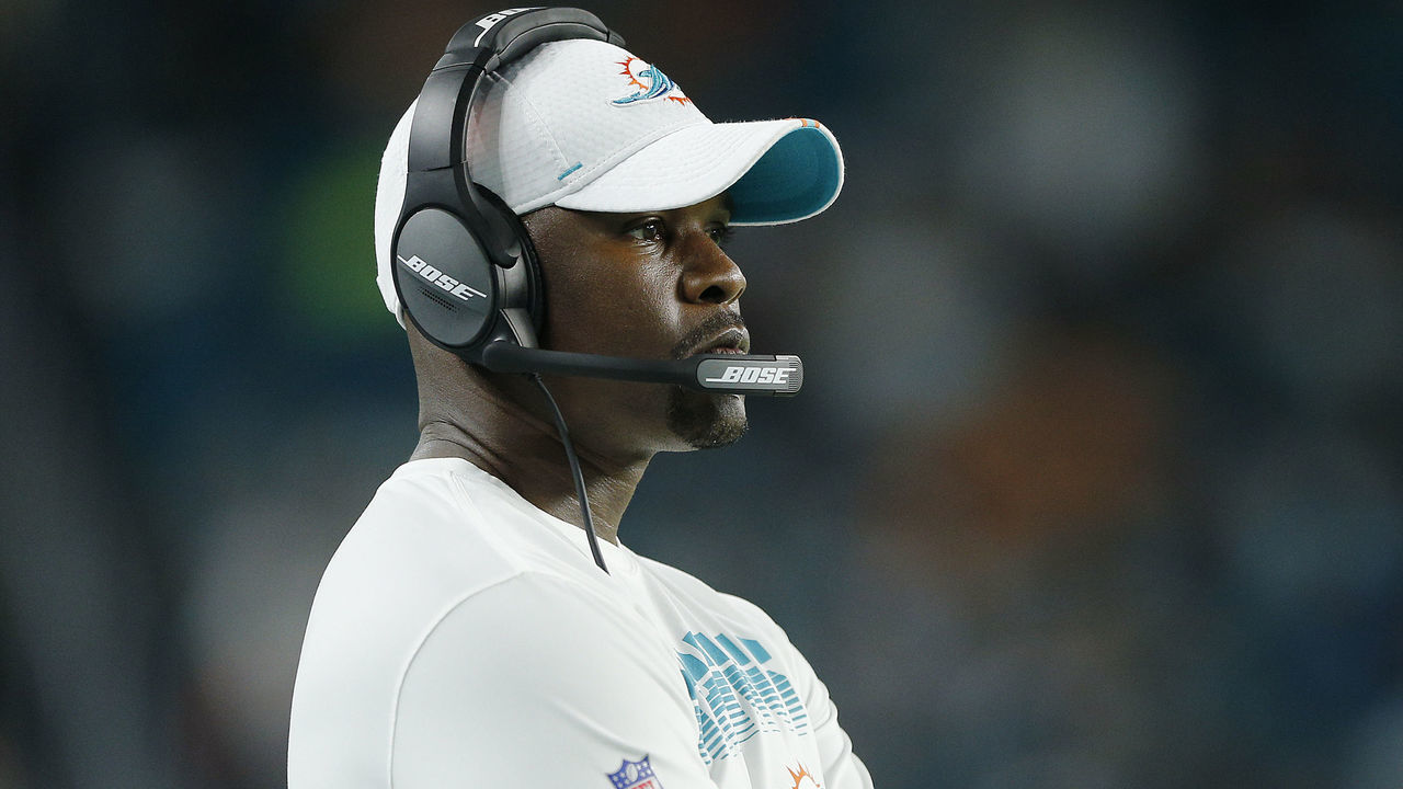 MIAMI, FLORIDA - AUGUST 22: Head coach Brian Flores of the Miami Dolphins looks on against the Jacksonville Jaguars during the first quarter of the preseason game at Hard Rock Stadium on August 22, 2019 in Miami, Florida.