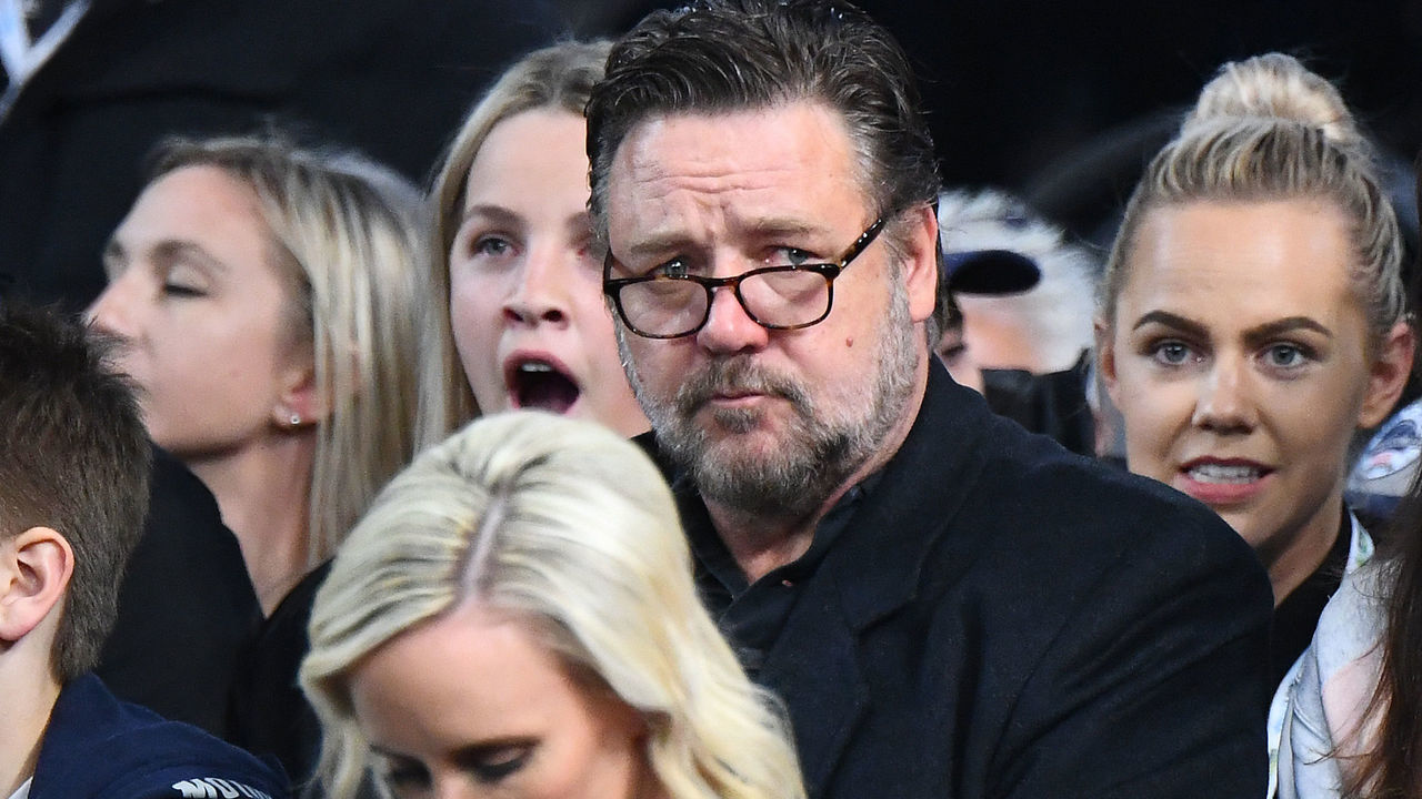 MELBOURNE, AUSTRALIA - AUGUST 22: Russell Crowe watches on during the International Basketball Friendly match between the Australian Boomers and Team USA United States of America at Marvel Stadium on August 22, 2019 in Melbourne, Australia.