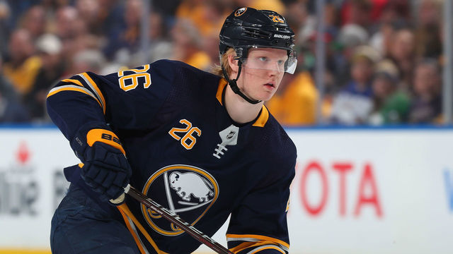 BUFFALO, NY - APRIL 2: Rasmus Dahlin #26 of the Buffalo Sabres skates against the Nashville Predators during an NHL game on April 2, 2019 at KeyBank Center in Buffalo, New York.
