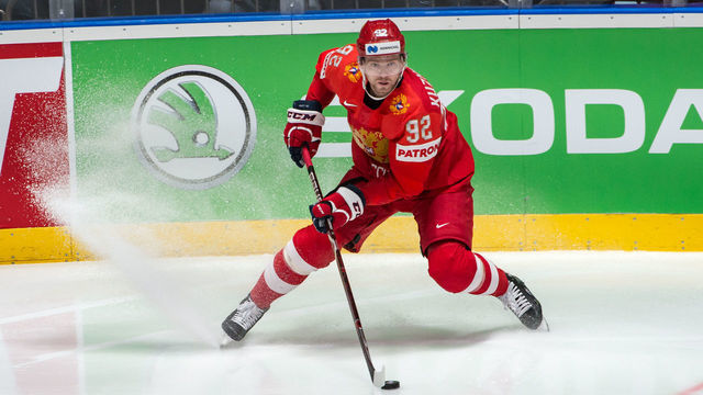 BRATISLAVA, SLOVAKIA - MAY 25: #92 Yevgeny Kuznetsov of Russia in action during the 2019 IIHF Ice Hockey World Championship Slovakia semi final game between Russia and Finland at Ondrej Nepela Arena on May 25, 2019 in Bratislava, Slovakia.