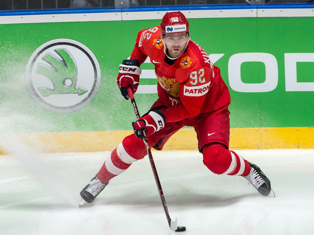 BRATISLAVA, SLOVAKIA - MAY 25: #92 Yevgeny Kuznetsov of Russia in action during the 2019 IIHF Ice Hockey World Championship Slovakia semi final game between Russia and Finland at Ondrej Nepela Arena on May 25, 2019 in Bratislava, Slovakia.