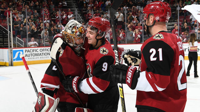 GLENDALE, AZ - NOVEMBER 02: Clayton Keller #9 of the Arizona Coyotes celebrates with teammates Antti Raanta #32 and Derek Stepan #21 after a win against the Carolina Hurricanes at Gila River Arena on November 2, 2018 in Glendale, Arizona.