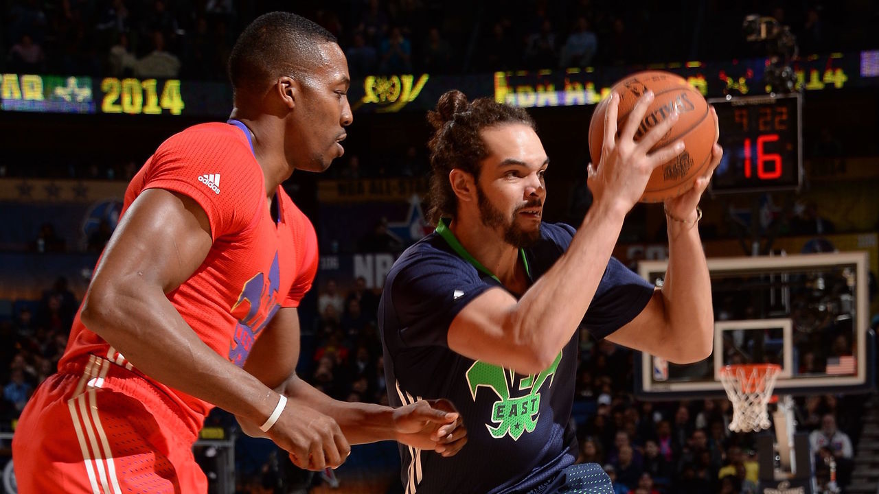 NEW ORLEANS, LA - FEBRUARY 16: Joakim Noah #13 of the Eastern Conference drives to the basket against Dwight Howard #12 of the Western Conference during the 2014 NBA All-Star Game as part of the 2014 All-Star Weekend at Smoothie King Center on February 16, 2014 in New Orleans, Louisiana. NOTE TO USER: User expressly acknowledges and agrees that, by downloading and/or using this photograph, user is consenting to the terms and conditions of the Getty Images License Agreement. Mandatory Copyright Notice: Copyright 2014 NBAE