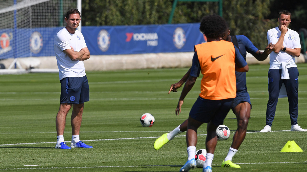 COBHAM, ENGLAND - AUGUST 23: Chelsea Manager Frank Lampard during a training session at the Chelsea Training Ground on August 23, 2019 in Cobham, England.
