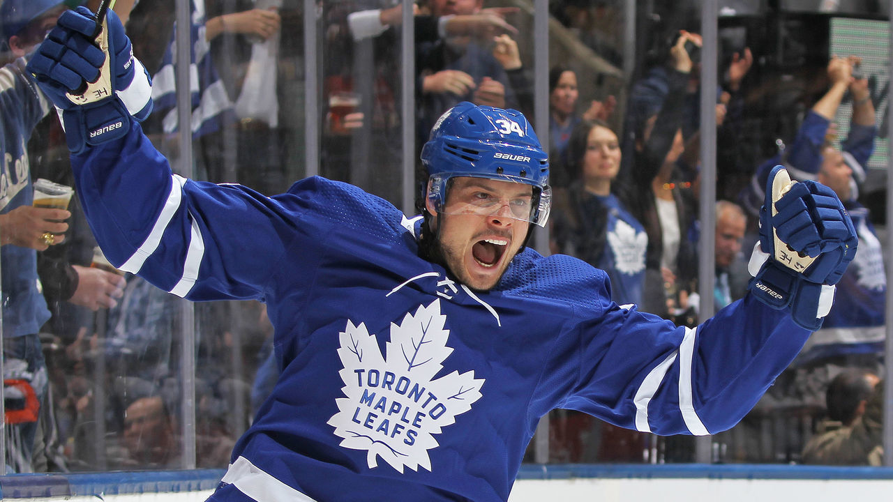TORONTO, ON - APRIL 17: Auston Matthews #34 of the Toronto Maple Leafs celebrates his 1st of two goals against the Boston Bruins in Game Four of the Eastern Conference First Round during the 2019 NHL Stanley Cup Playoffs at Scotiabank Arena on April 17, 2019 in Toronto, Ontario, Canada. The Bruins defeated the Maple Leafs 6-4.