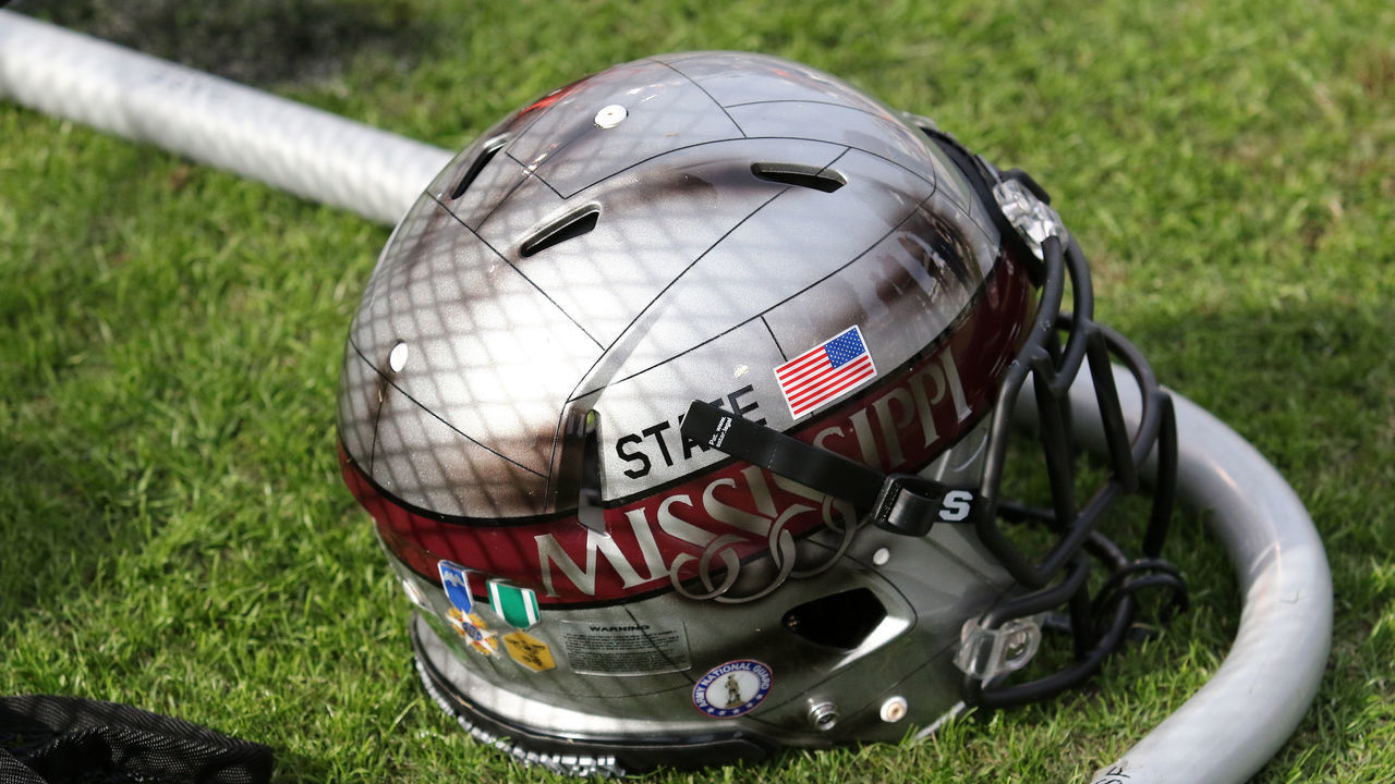 STARKVILLE, MS - NOVEMBER 17: The Mississippi State Bulldogs helmet during the game between the Arkansas Razorbacks and the Mississippi State Bulldogs on November 17, 2018 at Davis Wade Stadium in Starkville, Mississippi.