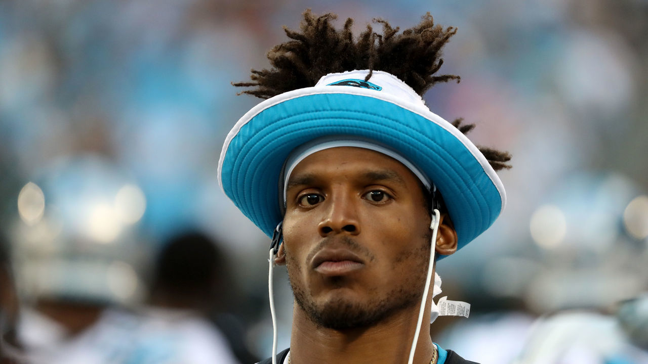 CHARLOTTE, NORTH CAROLINA - AUGUST 16: Cam Newton #1 of the Carolina Panthers looks on against the Buffalo Bills in the first quarter during the preseason game at Bank of America Stadium on August 16, 2019 in Charlotte, North Carolina.