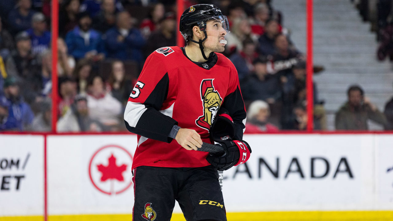 OTTAWA, ON - APRIL 01: Ottawa Senators Defenceman Cody Ceci (5) waits for a face-off during third period National Hockey League action between the Tampa Bay Lightning and Ottawa Senators on April 1, 2019, at Canadian Tire Centre in Ottawa, ON, Canada.