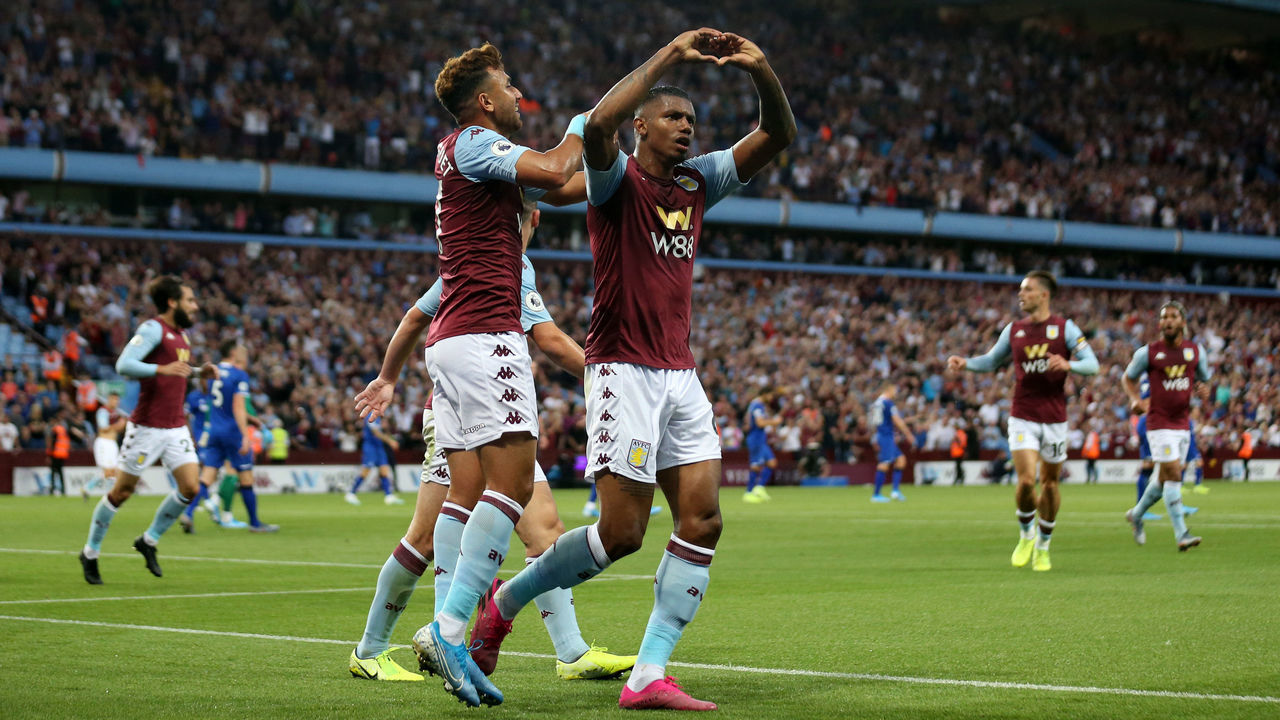 BIRMINGHAM, ENGLAND - AUGUST 23: Wesley of Aston Villa celebrates after scoring his team's first goal during the Premier League match between Aston Villa and Everton FC at Villa Park on August 23, 2019 in Birmingham, United Kingdom.
