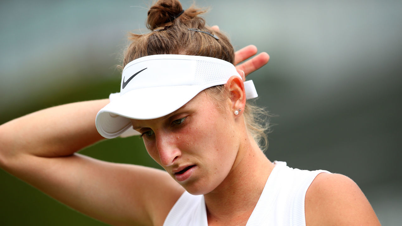 LONDON, ENGLAND - JULY 01: Marketa Vondrousova of The Czech Republic looks on in her Ladies' Singles first round match against Madison Brengle of The United States during Day one of The Championships - Wimbledon 2019 at All England Lawn Tennis and Croquet Club on July 01, 2019 in London, England.