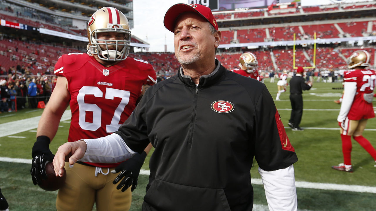 SANTA CLARA, CA - JANUARY 3: Offensive Line Coach Chris Foerster of the San Francisco 49ers talks with Joe Staley #74 and Daniel Kilgore #67 on the field prior to the game against the St. Louis Rams at Levi Stadium on January 3, 2016 in Santa Clara, California. The 49ers defeated the Rams 19-16.