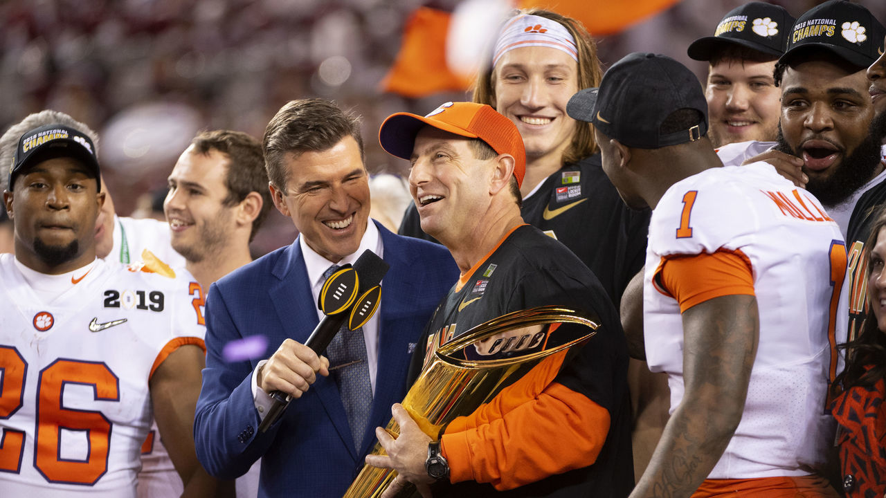 SANTA CLARA, CA - JANUARY 07: Head Coach Dabo Swinney of the Clemson Tigers celebrates with his team after defeating the Alabama Crimson Tide during the College Football Playoff National Championship held at Levi's Stadium on January 7, 2019 in Santa Clara, California. The Clemson Tigers defeated the Alabama Crimson Tide 44-16.