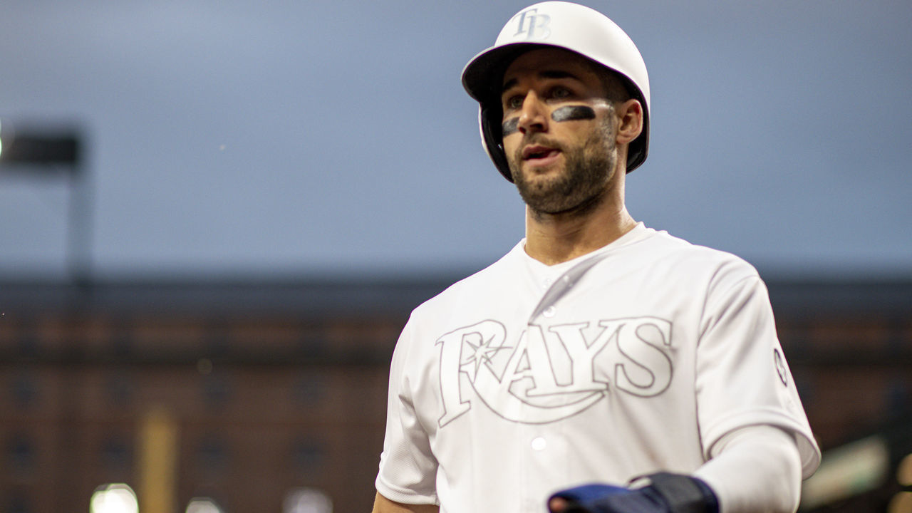 BALTIMORE, MD - AUGUST 23: Tampa Bay Rays center fielder Kevin Kiermaier (39) celebrates after scoring in the second inning against the Baltimore Orioles on August 23, 2019, at Orioles Park at Camden Yards in Baltimore, MD.