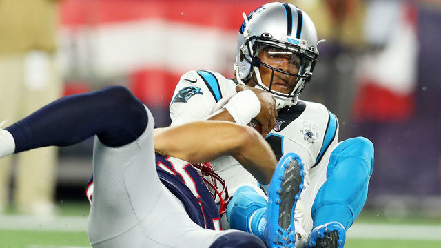FOXBOROUGH, MASSACHUSETTS - AUGUST 22: Cam Newton #1 of the Carolina Panthers is sacked by Kyle Van Noy #53 of the New England Patriots during the preseason game between the Carolina Panthers and the New England Patriots at Gillette Stadium on August 22, 2019 in Foxborough, Massachusetts.