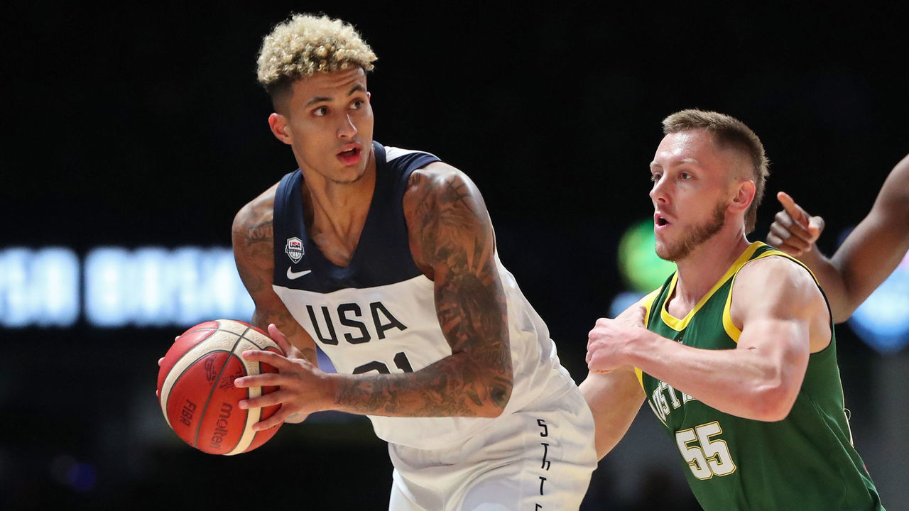 MELBOURNE, AUS - AUGUST 22: Kyle Kuzma #21 of Team USA handles the ball against the Australia Boomers on August 22, 2019 at Marvel Stadium in Melbourne, Australia. NOTE TO USER: User expressly acknowledges and agrees that, by downloading and/or using this photograph, user is consenting to the terms and conditions of the Getty Images License Agreement. Mandatory Copyright Notice: Copyright 2019 NBAE