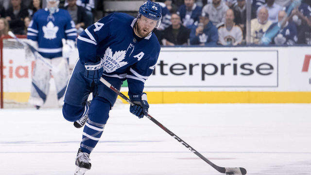TORONTO, ON - APRIL 21: Toronto Maple Leafs Defenceman Morgan Rielly (44) passes the puck during Game 6 of the First Round Stanley Cup Playoffs series between the Boston Bruins and the Toronto Maple Leafs on April 21, 2019, at Scotiabank Arena in Toronto, ON.