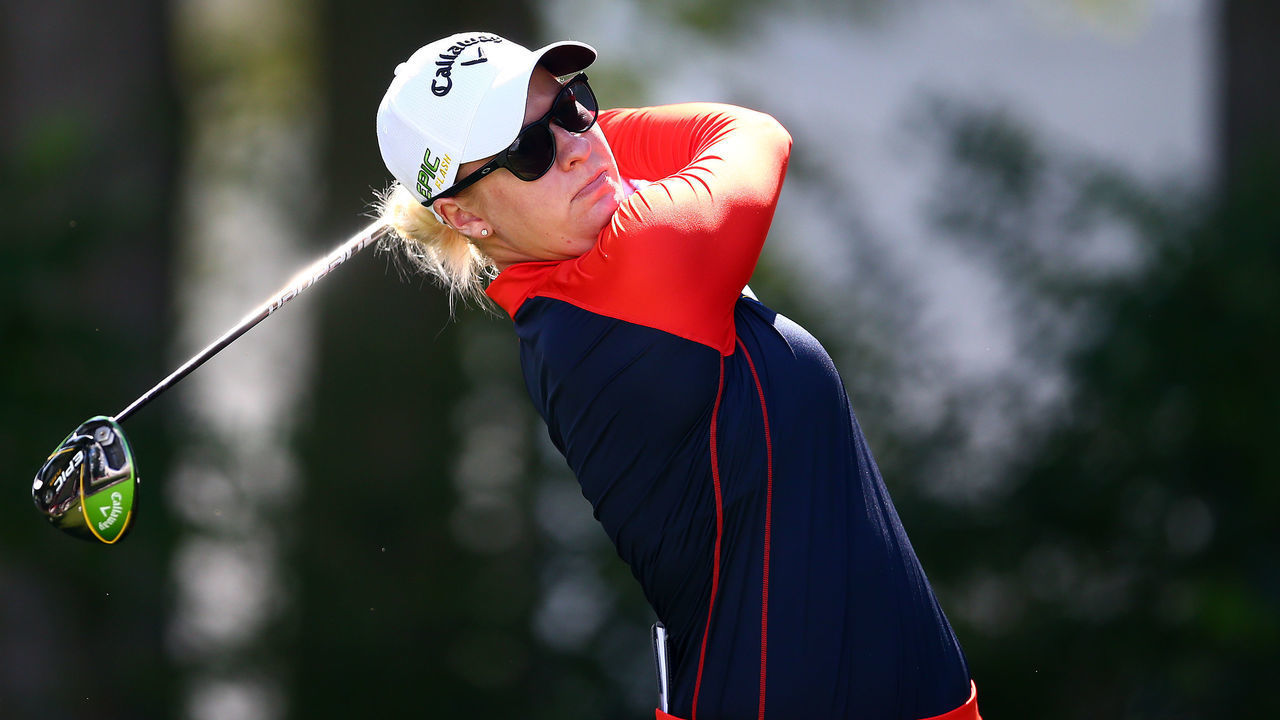 AURORA, CANADA - AUGUST 23: Nicole Broch Larsen of Denmark hits her tee shot on the 1st hole during the second round of the CP Women's Open at Magna Golf Club on August 23, 2019 in Aurora, Canada.