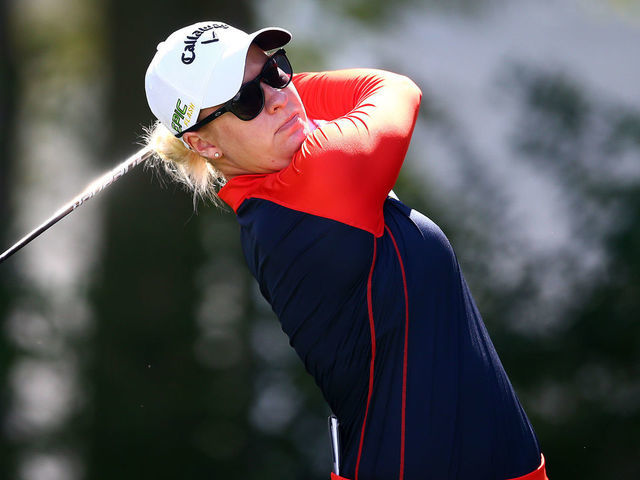 AURORA, CANADA - AUGUST 23: Nicole Broch Larsen of Denmark hits her tee shot on the 1st hole during the second round of the CP Women's Open at Magna Golf Club on August 23, 2019 in Aurora, Canada.