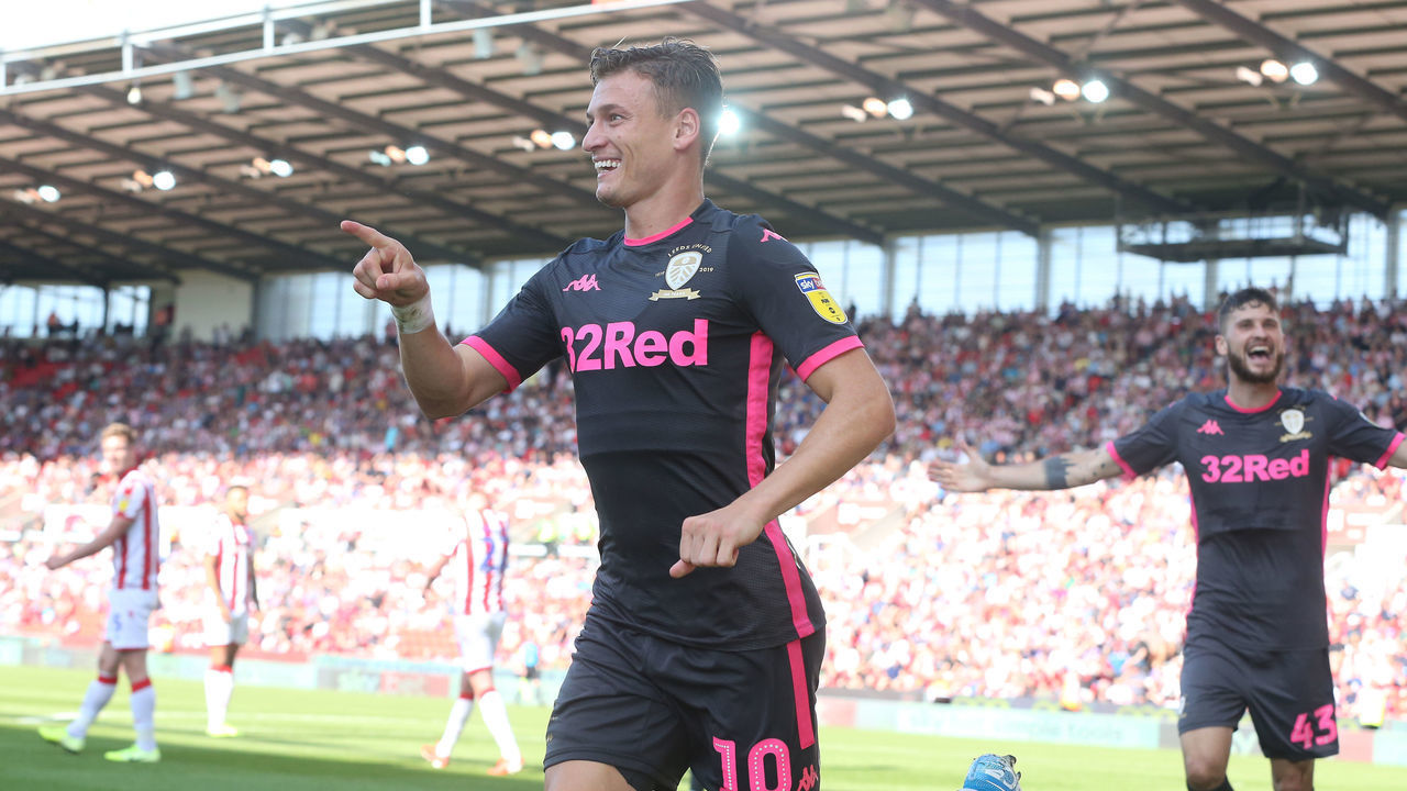 STOKE ON TRENT, ENGLAND - AUGUST 24: Leeds United's Ezgjan Alioski celebrates scoring his side's second goal during the Sky Bet Championship match between Stoke City and Leeds United at Bet365 Stadium on August 24, 2019 in Stoke on Trent, England.
