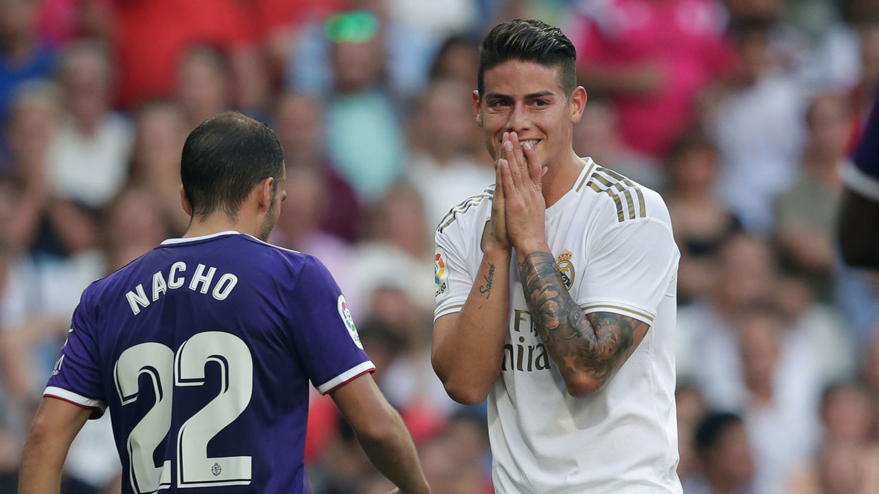 MADRID, SPAIN - AUGUST 24: James Rodriguez of Real Madrid during the La Liga Santander match between Real Madrid v Real Valladolid at the Santiago Bernabeu on August 24, 2019 in Madrid Spain