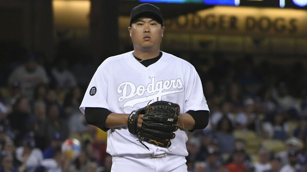 LOS ANGELES, CA - AUGUST 23: Hyun-Jin Ryu #99 of the Los Angeles Dodgers pitches agaisnt the New York Yankees in the second inning at Dodger Stadium on August 23, 2019 in Los Angeles, California. Teams are wearing special color schemed uniforms with players choosing nicknames to display for Players' Weekend. The Yankees won 10-2.