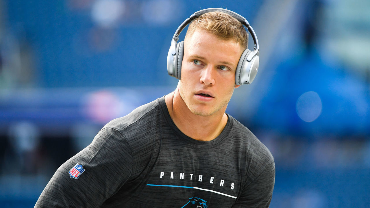 FOXBOROUGH, MA - AUGUST 22: Christian McCaffrey #22 of the Carolina Panthers warms up prior to the start of a preseason game against the New England Patriots at Gillette Stadium on August 22, 2019 in Foxborough, Massachusetts.